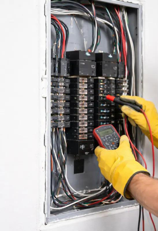 Tech Checking Electrical Panel Voltage